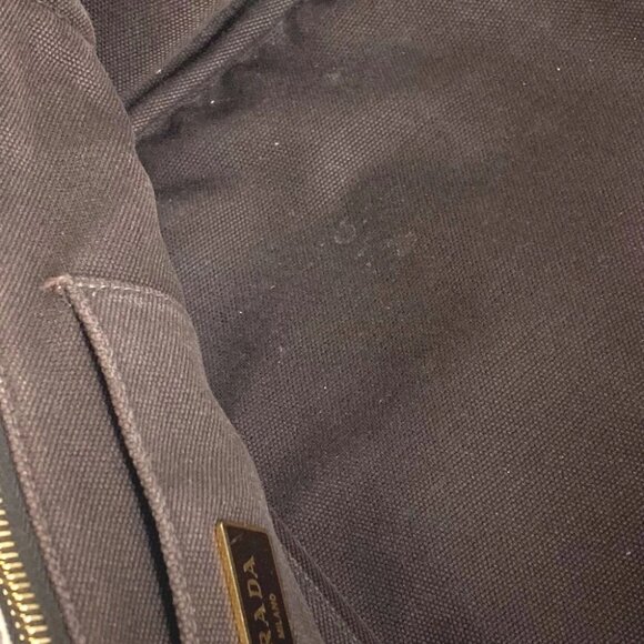 PRADA Canapa logo border Bag Tote Bag Hand Bag Canvas Brown/White - Picture 12 of 15